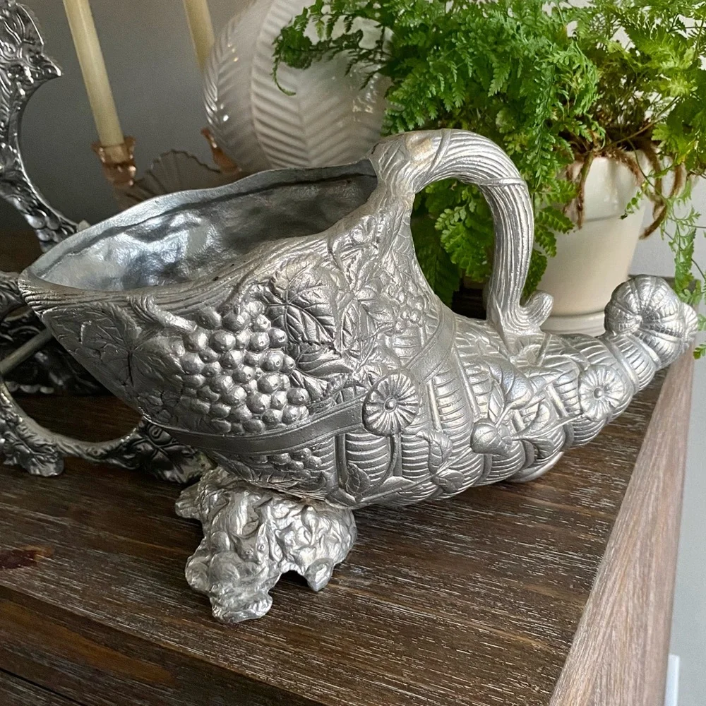 Vtg RARE Arthur Court Cornucopia Wine Cooler Bucket Cast Aluminum Grapes‎ Foxes